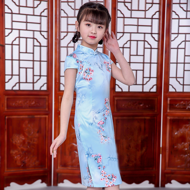 2025 New Children's Cheongsam Summer Girls Tang Suit Han Dynasty Chinese Style Long Silk Chinese Retro Dress