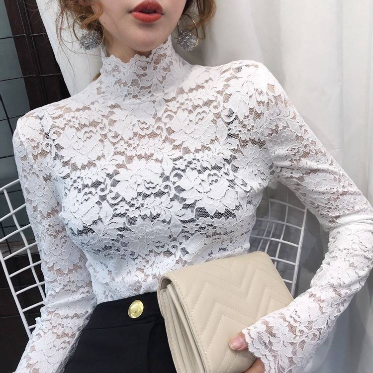 Autumn and Winter New Half-turtleneck Slim-fit Lace Shirt Long-sleeved T-shirt Women's Korean-style Elegant Tight-fitting Western-style Hollow-out Base Shirt