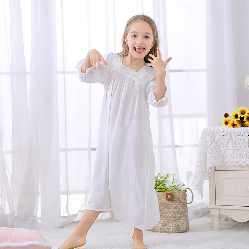 Girls' Korean-style Long Woven Cotton Nightdress with Seven-point Sleeve