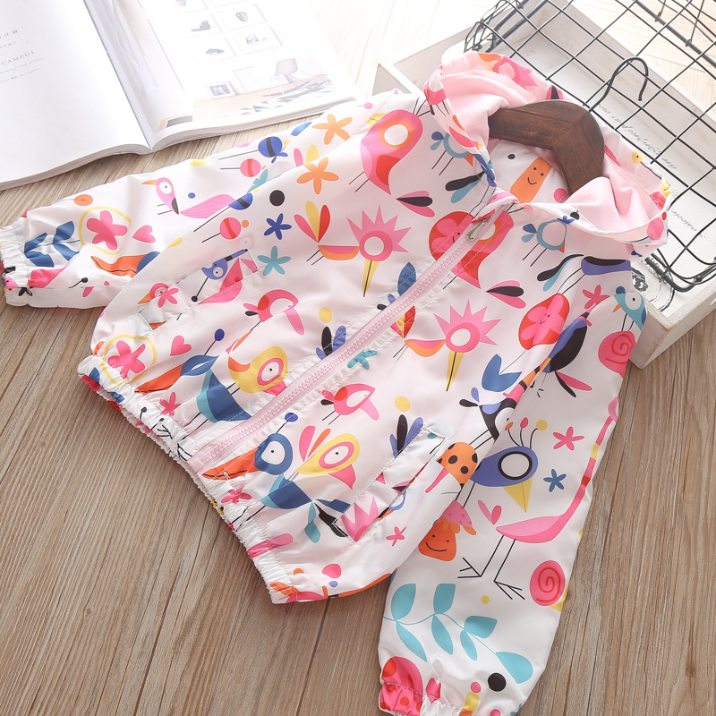 Girls' autumn popular jacket Flamingo graffiti baby hooded windbreaker zipper shirt cross-border one-piece delivery