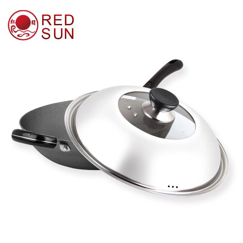 Wholesale wok lid can be affixed with trademark barcode for supermarket stainless steel glass lid with standing top