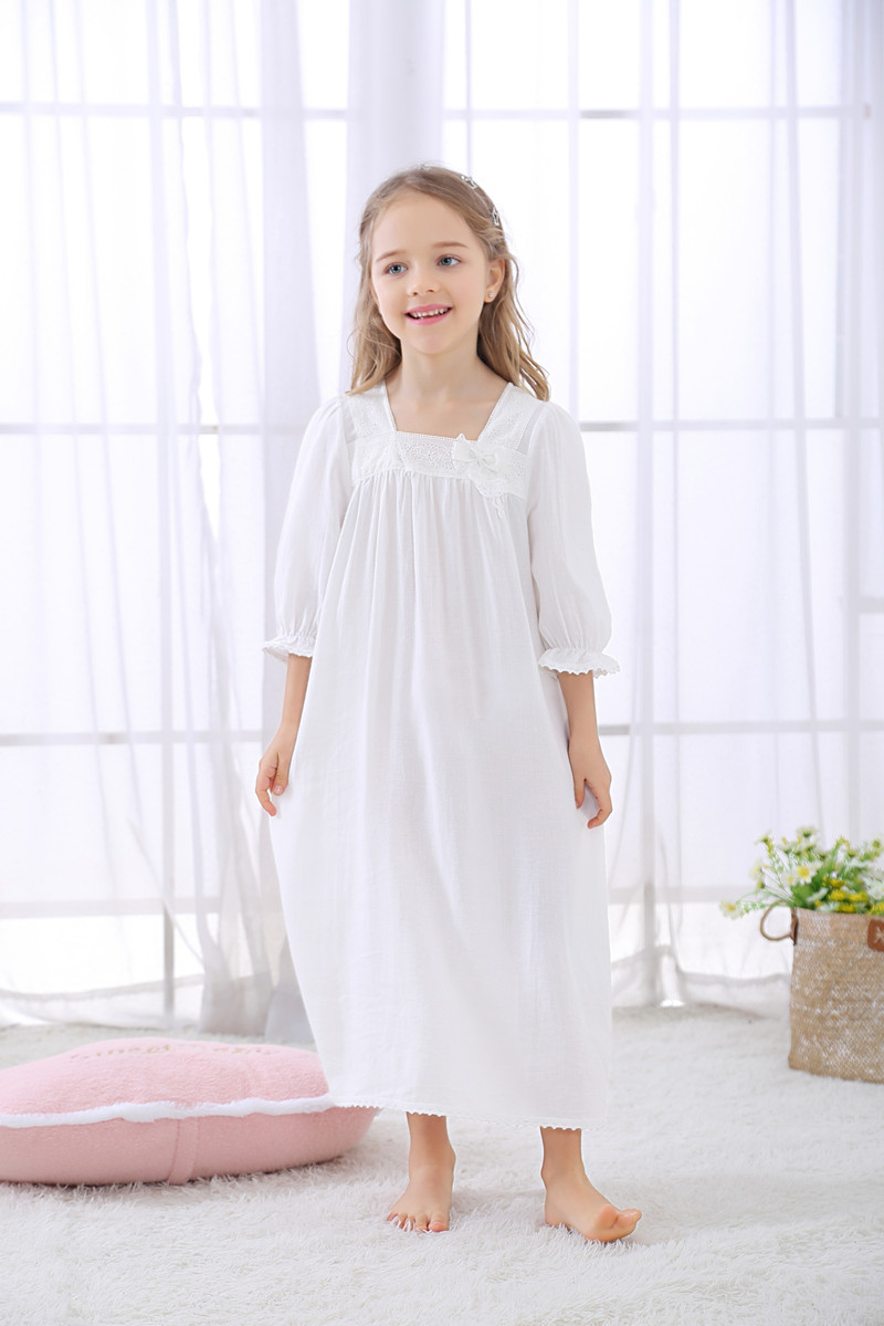 Girls' Korean-style Long Woven Cotton Nightdress with Seven-point Sleeve