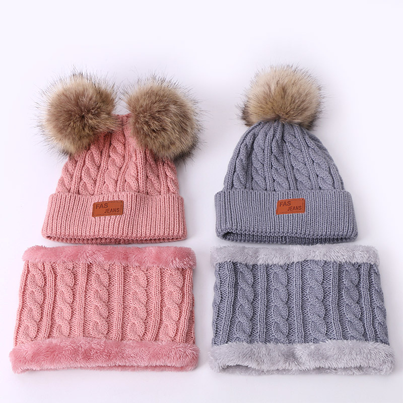Winter Children's Neck Hat Two-Piece Pompom Baby Baby Knitted Hat Warm Wool Fleece-Lined Thickened Neck Set