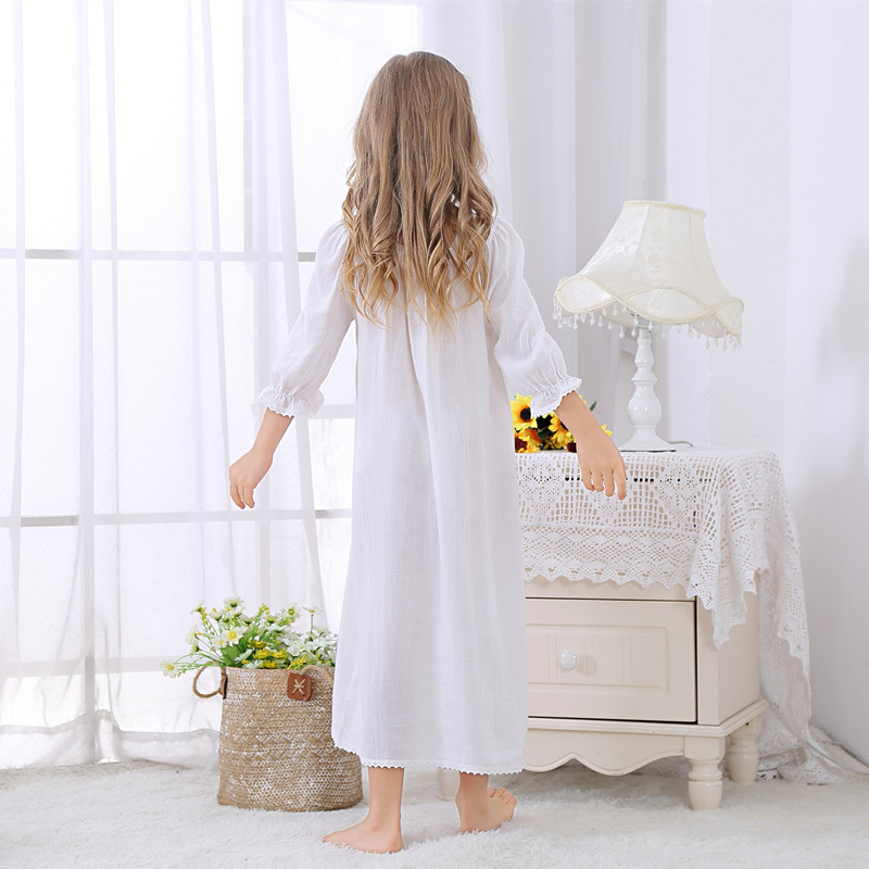Girls' Korean-style Long Woven Cotton Nightdress with Seven-point Sleeve