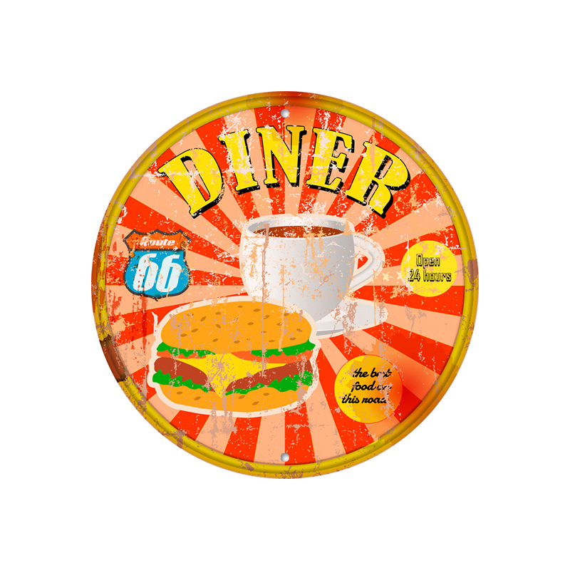 2024 New Road 66 Retro Round Iron Painting Bar Background Wall Decoration Mural License Plate Frameless Hanging Painting