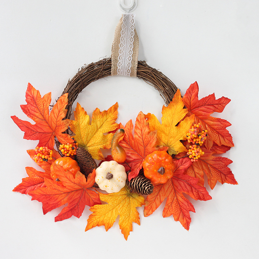 Хэллоуин, осенний венок, фестиваль урожая, кленовые листья, ягоды, тыква, благодарственный шелковый венок, настенный декор