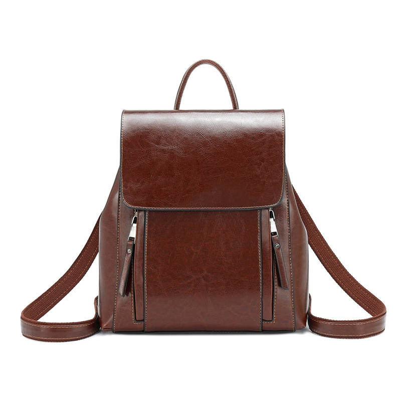 Backpack 2025 New Genuine Leather Women's Bag Fashion Oil Wax Cowhide Backpack Women's School Bag Processing and Customization