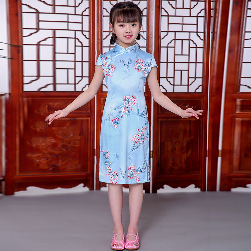 2025 New Children's Cheongsam Summer Girls Tang Suit Han Dynasty Chinese Style Long Silk Chinese Retro Dress