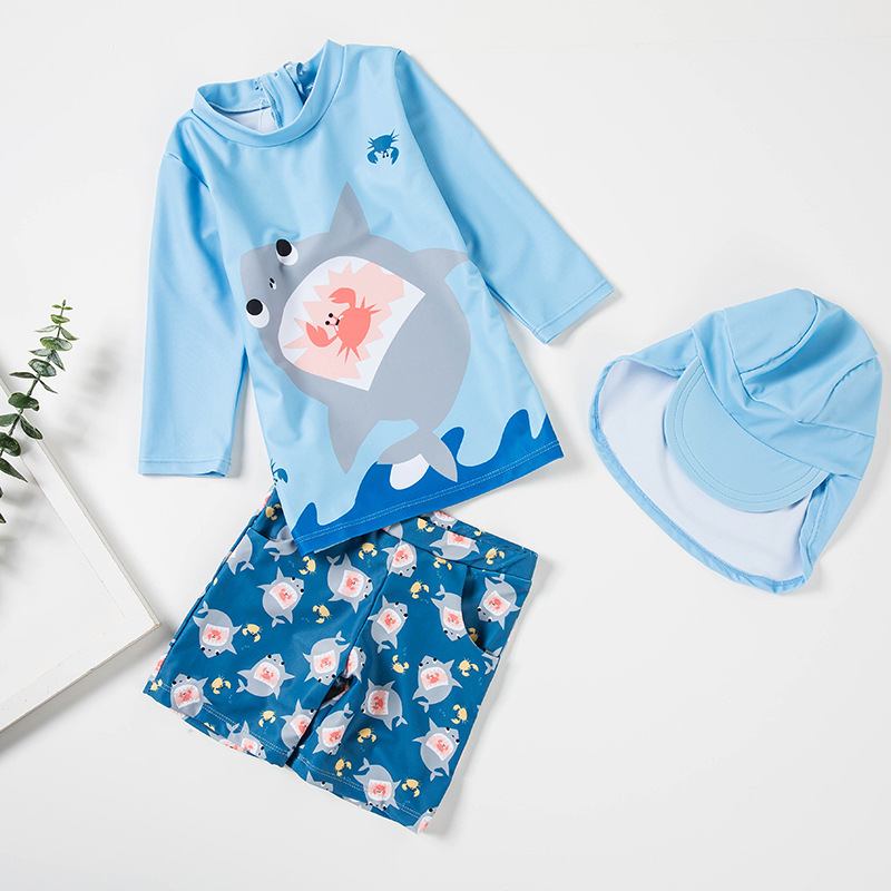 Детский купальник, корейский, раздельный, быстро сохнущий, защитная шляпа, плавки для мальчиков