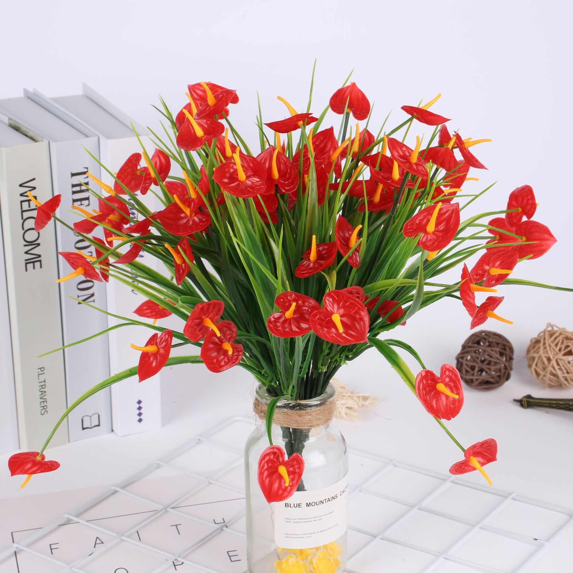 Искусственный цветок подделка водяная трава 7 вилок красная пальма пластиковый букет подделка зеленого растения для наружного оформления