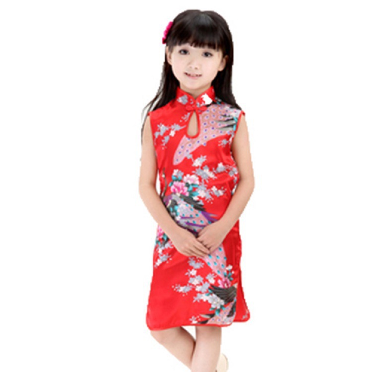 New Girls' Cheongsam Children's Cheongsam June 1 Costclothes Peacock Tang Suit Ancient Chinese Style Summer Children's Printed Cheongsam Fashion