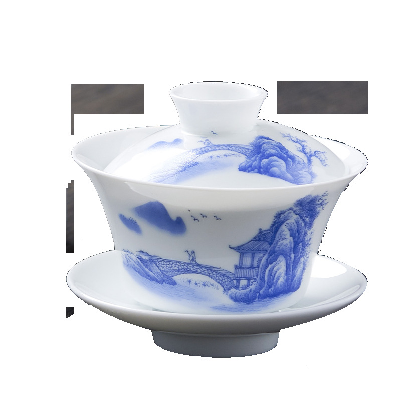Hand Color White Porcelain Sancai Cover Bowl Tea Set Tea Cup Single Tea Bowl Large Tea Test Household Thin Tailor
