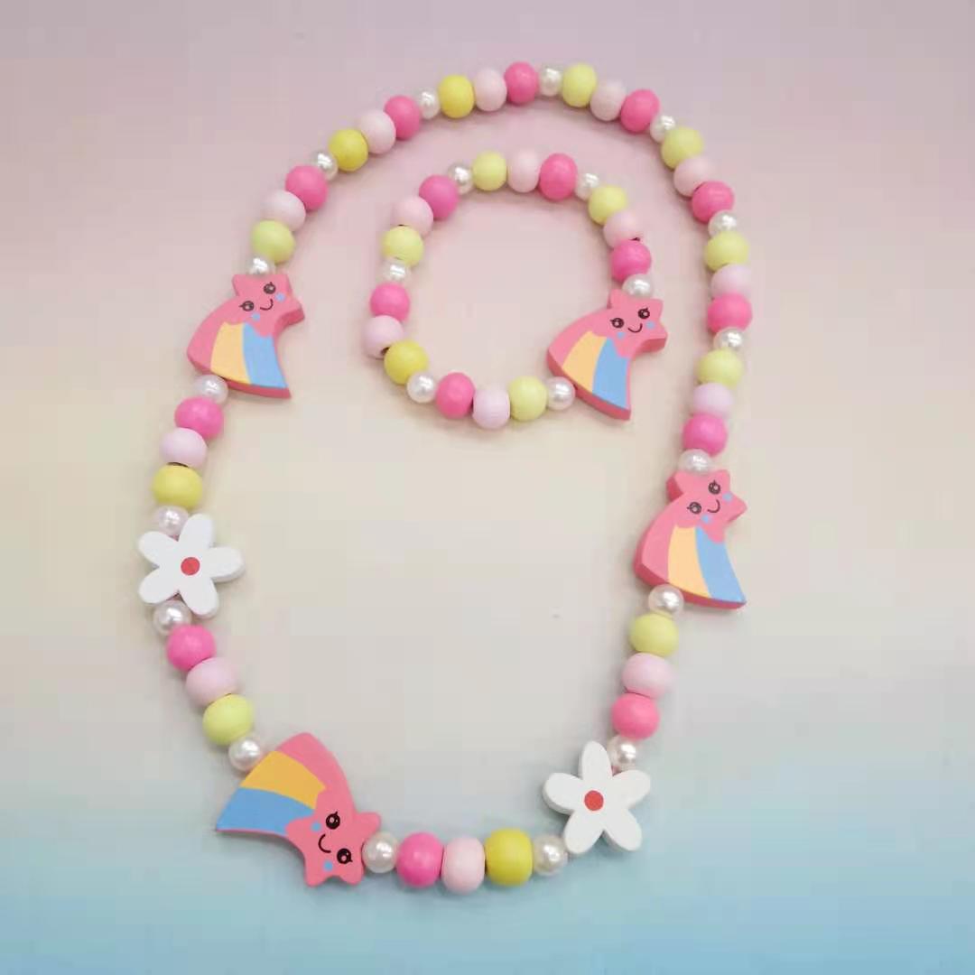 Cross-Border Children's Wooden Craft Jewelry Cartoon Creative Bracelet Necklace Set DIY Beading Wholesale Children's Educational Toys