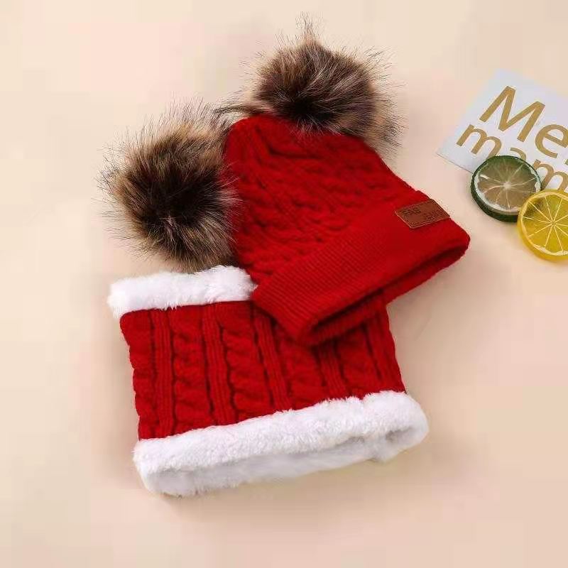 Children's New Double Fur Ball suit Winter Warm Knitted Hat suit Scarf fleece-lined Boys and Girls Thickened Baby