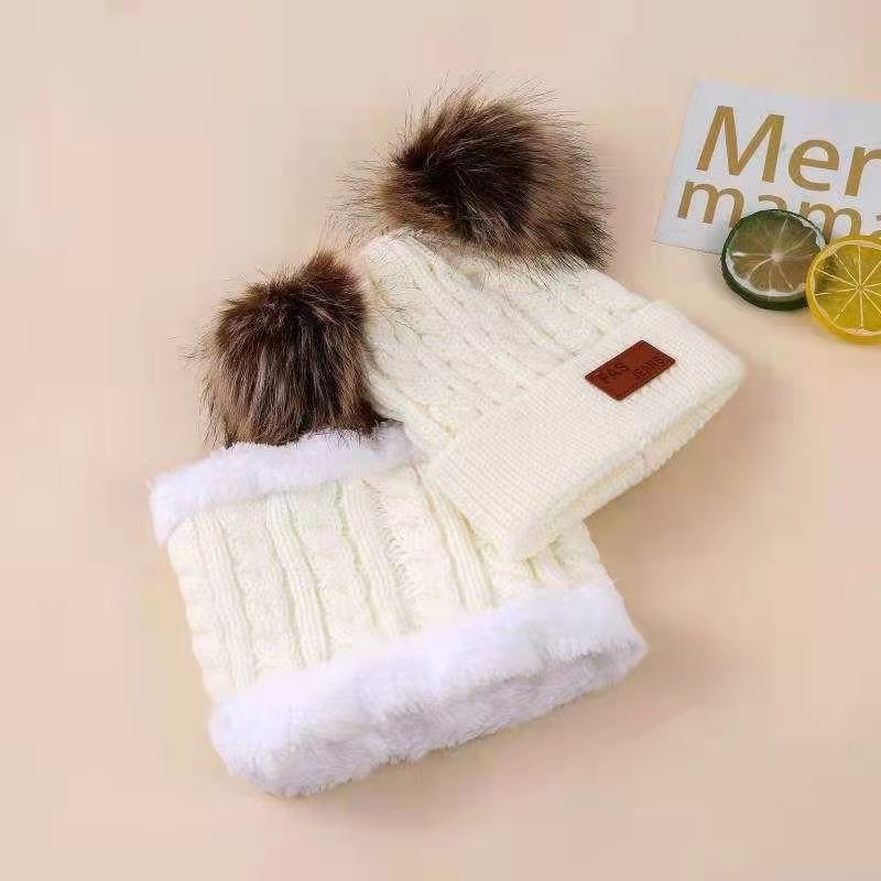 Children's New Double Fur Ball suit Winter Warm Knitted Hat suit Scarf fleece-lined Boys and Girls Thickened Baby