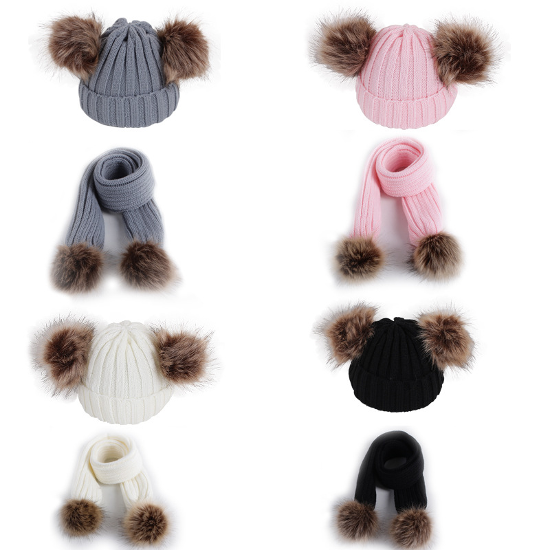 Cross-border supply 2020 Winter new children's hat scarf set imitation raccoon ball double ball baby hat