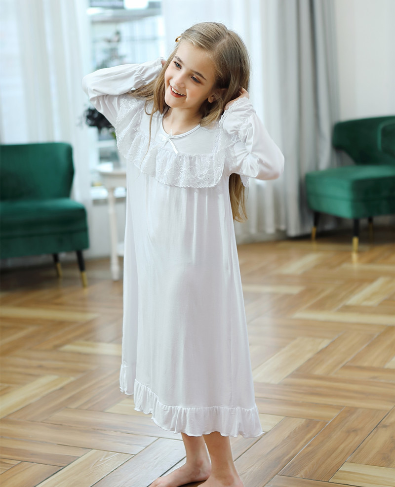 Summer Girls' Clothing Long-Sleeved Nightgown Modal Cotton Long European and American Palace Princess Pajamas Home Clothes