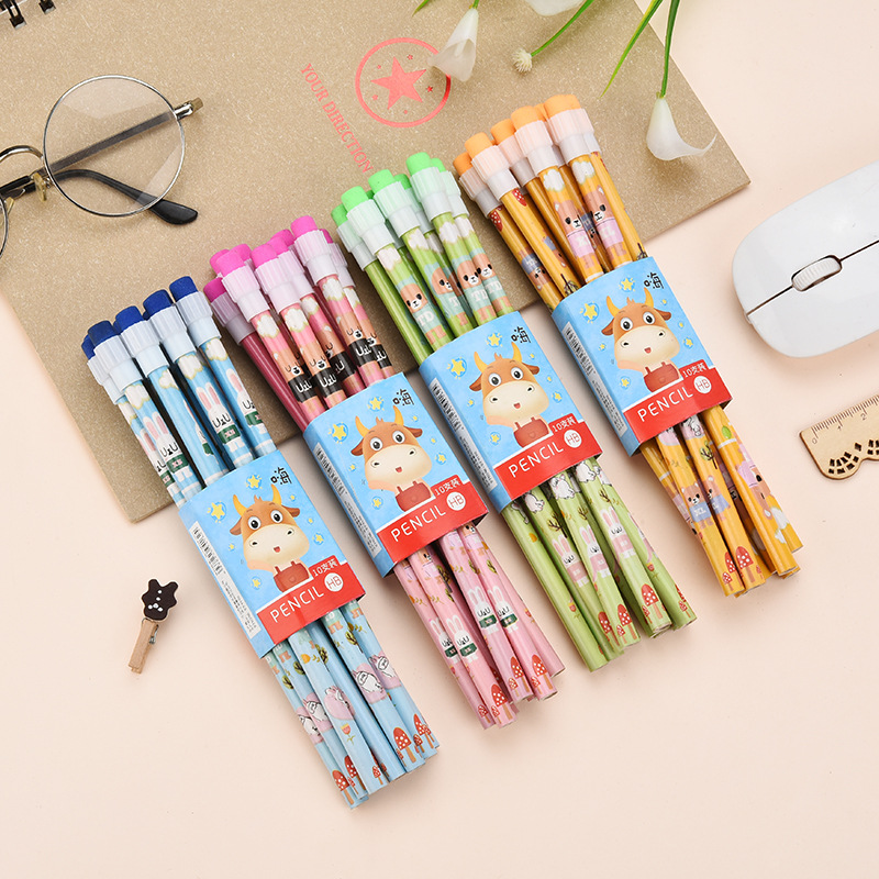 Shunfu cartoon four-color big leather head children's student Round pole HB writing Pencil Pencil Factory