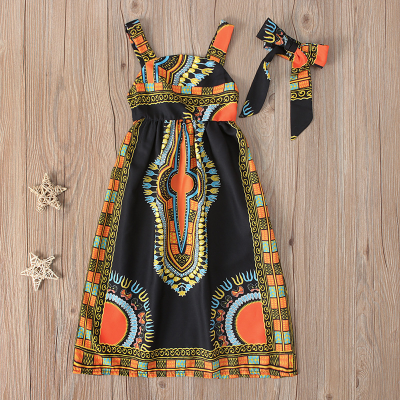 Girls European and American Children African Bohemian Style Sleeveless Strap Long Dress Two-piece Children's Clothing ins