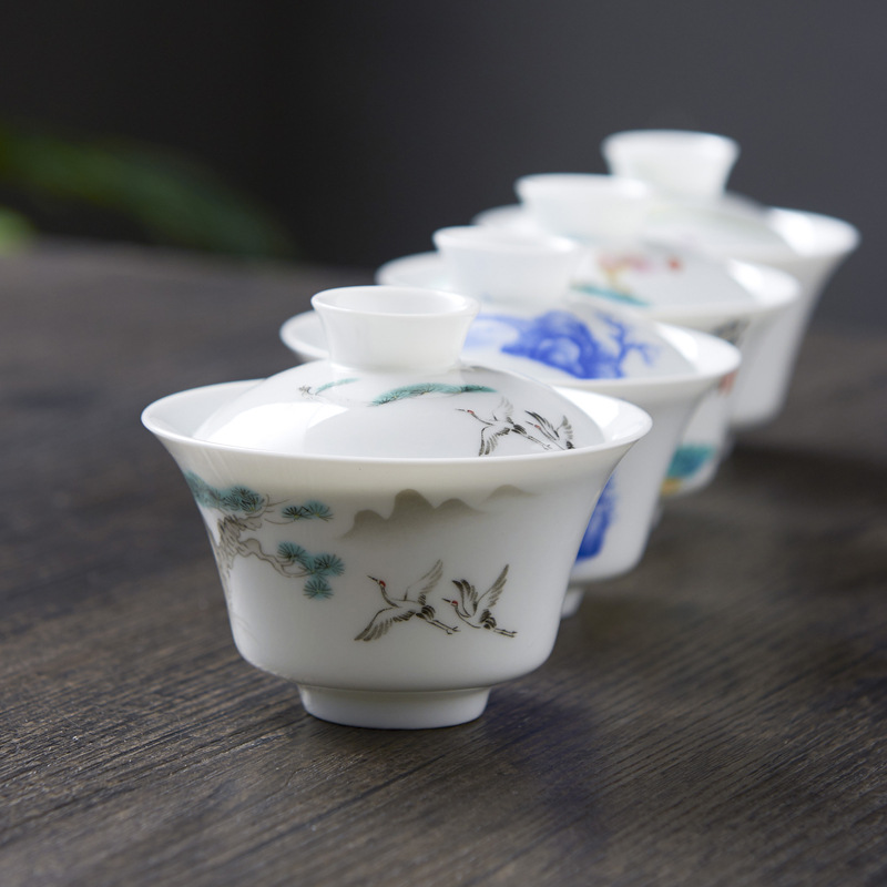 Hand Color White Porcelain Sancai Cover Bowl Tea Set Tea Cup Single Tea Bowl Large Tea Test Household Thin Tailor