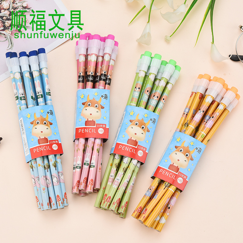 Карандаш Shunfu мультяшный четырехцветный большой кожаный головной детский школьный круглый стержень HB пишущий карандаш