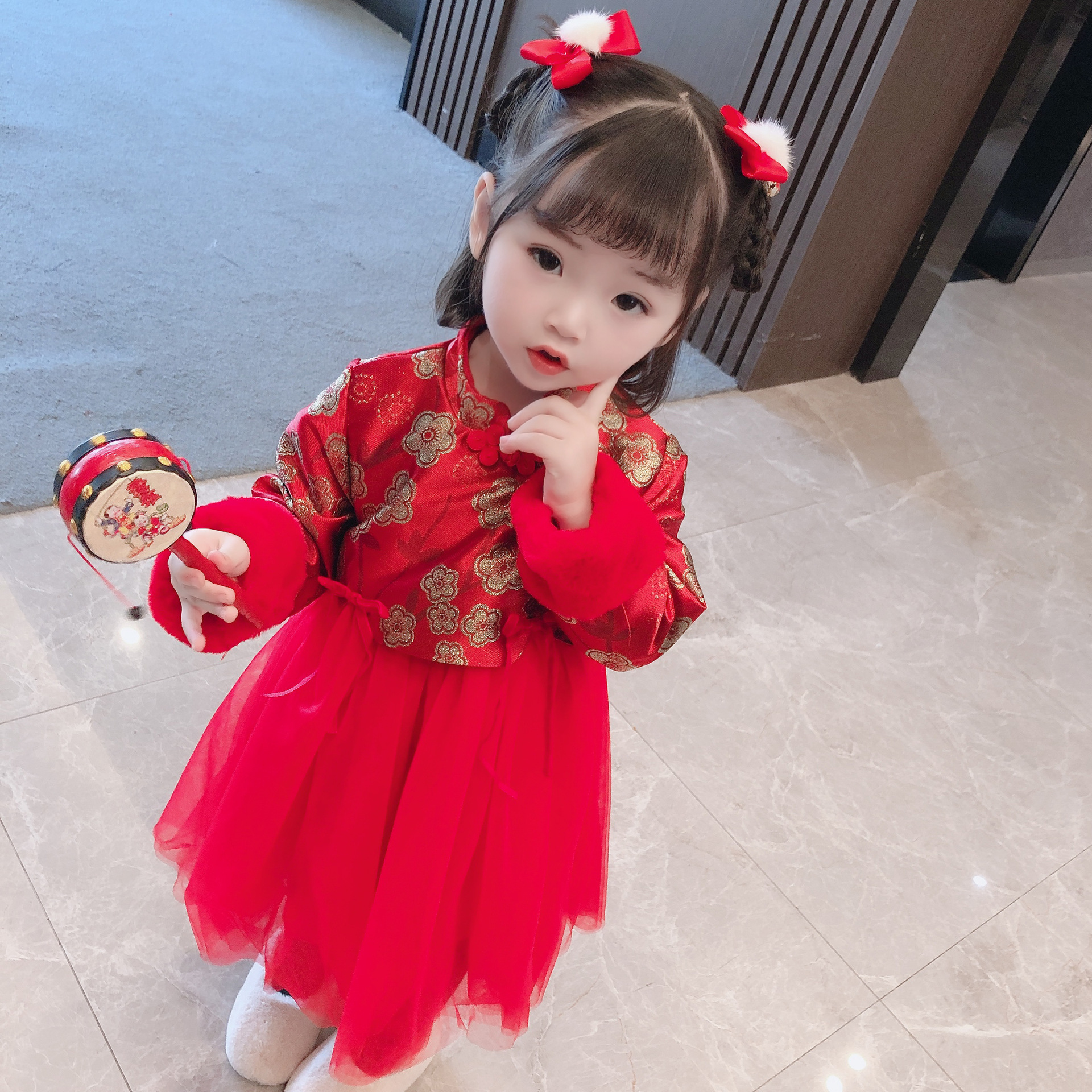 2935 Children's Clothing for Girls and Children Chinese Style Hanfu Baby Cheongsam Autumn and Winter Fleece-lined Dress