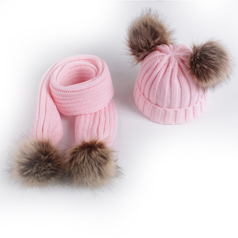 Cross-border supply 2020 Winter new children's hat scarf set imitation raccoon ball double ball baby hat