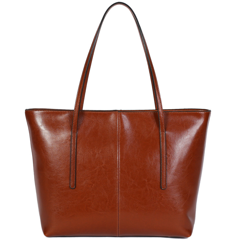 2025 New Genuine Leather Women's Bag European and American Style Oil Wax Casual Large Bag Cowhide Portable Shoulder Crossbody Bag Processing and Customization