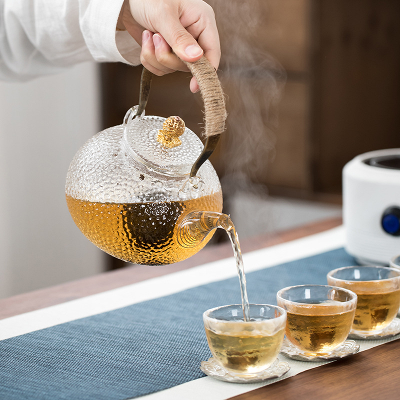 Japanese-Style High-Temperature Resistant Glass Teapot with Hammered Pattern, Electric Ceramic Stove-Specific Kettle, Copper Handle Glass Teapot with Pure Copper Handle
