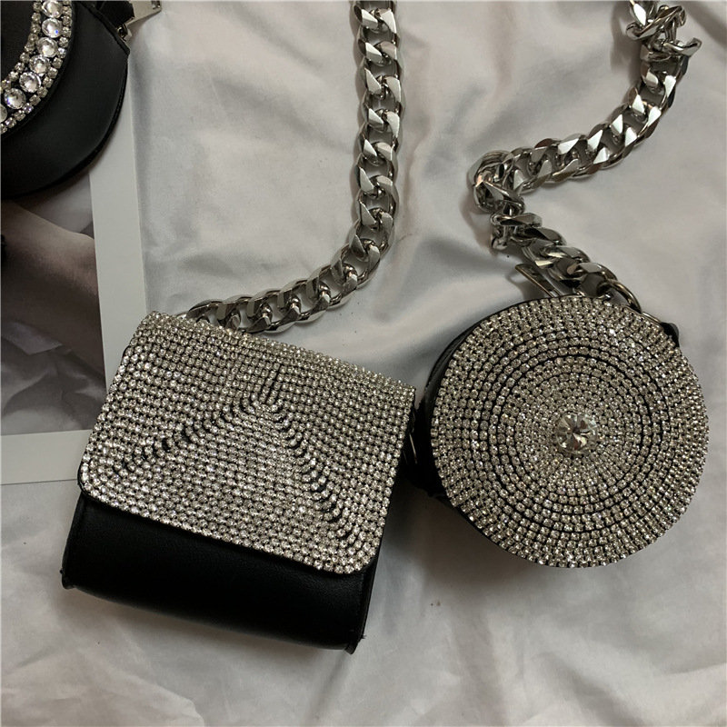 Punk style diamond small square bag flash diamond chain female ins super hot Net red same style thick oblique diamond-embedded mini satchel fashion