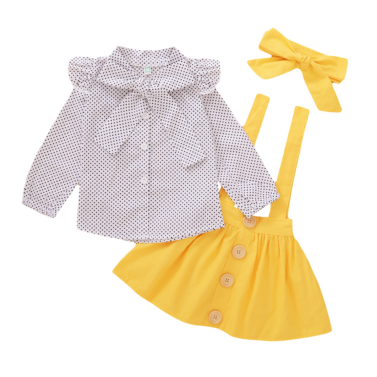 Girls Autumn and Winter 2020 New Korean Style Popular Polka Dot Long Sleeve Printed Top + Solid Color Suspender Skirt Three-piece Set