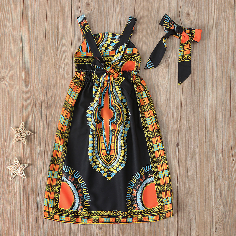 Girls European and American Children African Bohemian Style Sleeveless Strap Long Dress Two-piece Children's Clothing ins