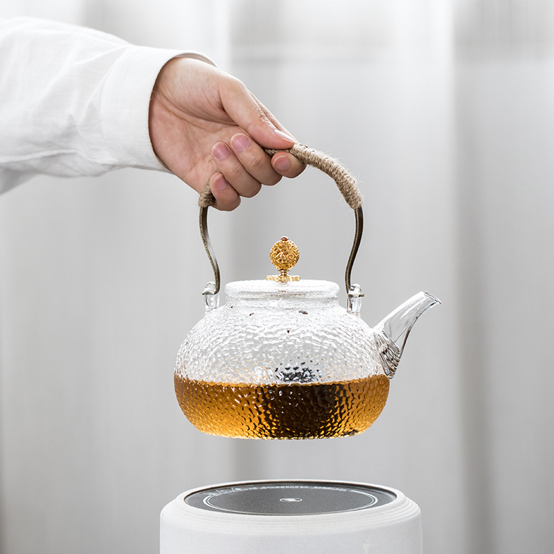 Japanese-Style High-Temperature Resistant Glass Teapot with Hammered Pattern, Electric Ceramic Stove-Specific Kettle, Copper Handle Glass Teapot with Pure Copper Handle