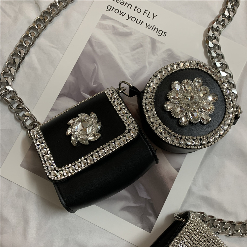 Punk style diamond small square bag flash diamond chain female ins super hot Net red same style thick oblique diamond-embedded mini satchel fashion