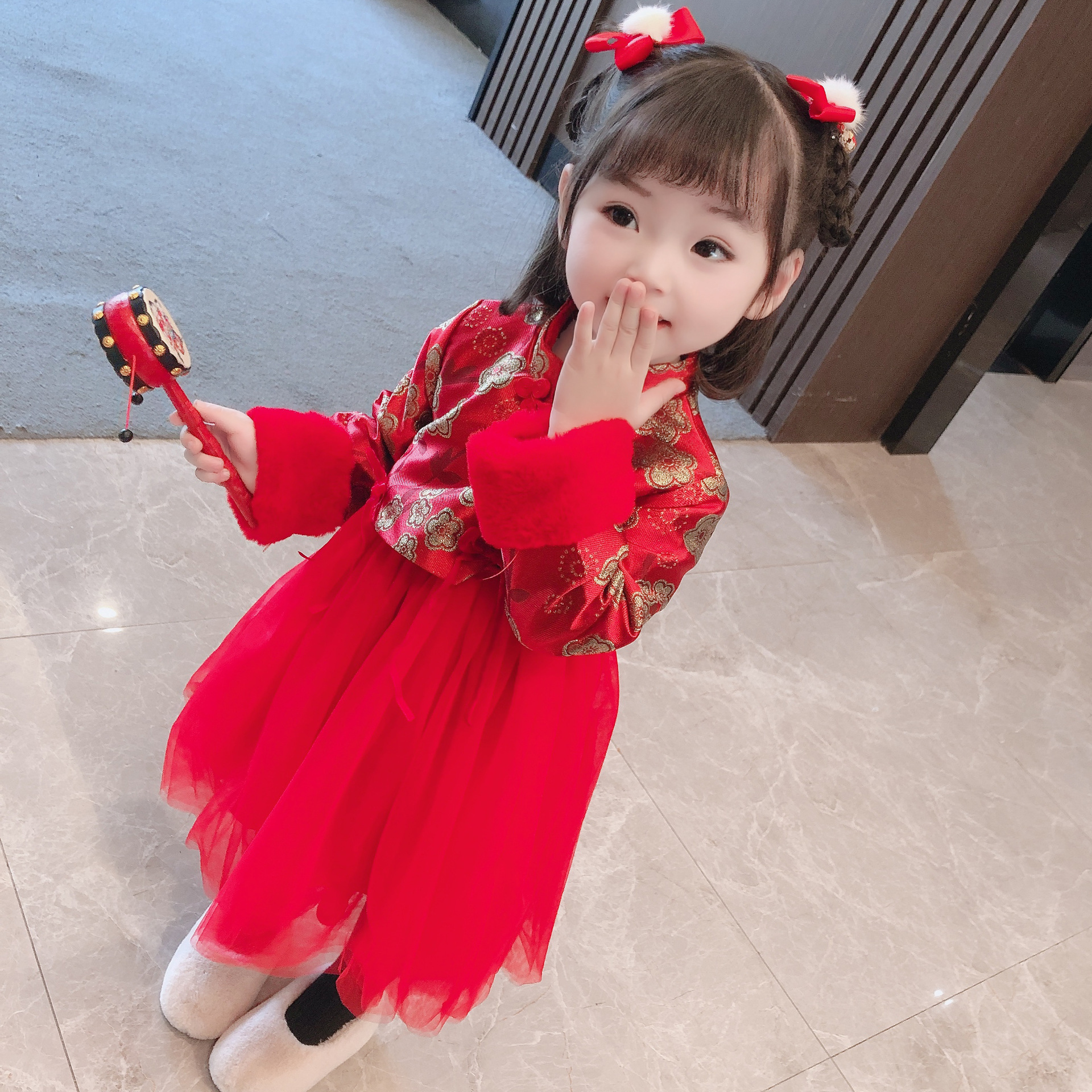 2935 Children's Clothing for Girls and Children Chinese Style Hanfu Baby Cheongsam Autumn and Winter Fleece-lined Dress