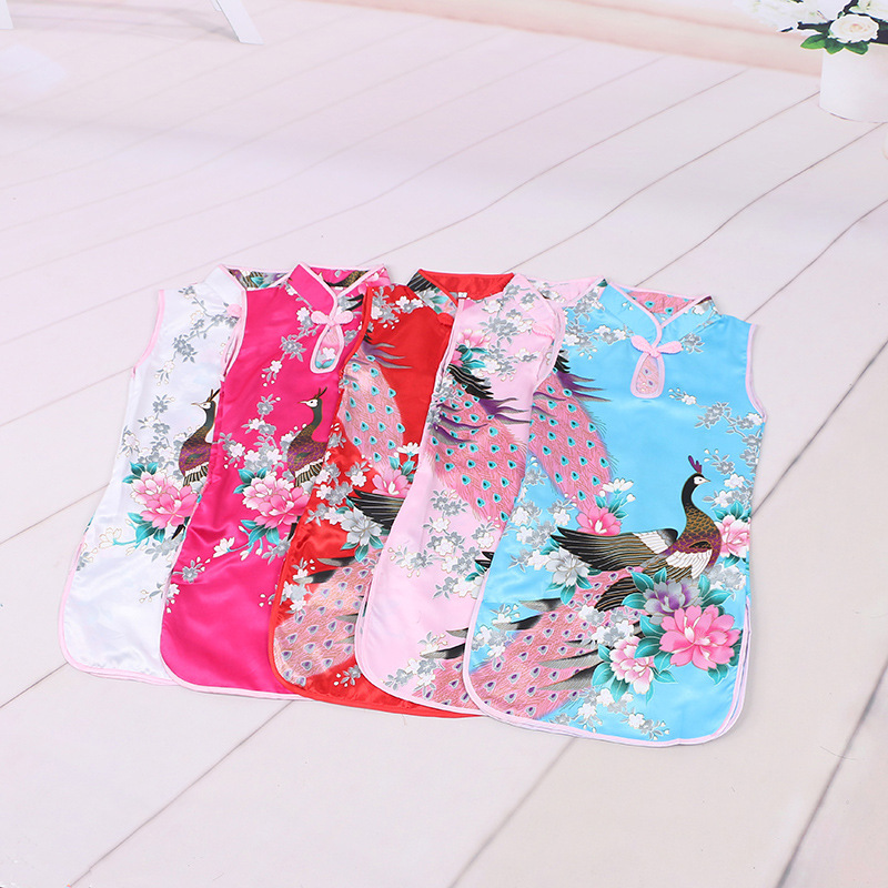 New Girls' Cheongsam Children's Cheongsam June 1 Costclothes Peacock Tang Suit Ancient Chinese Style Summer Children's Printed Cheongsam Fashion