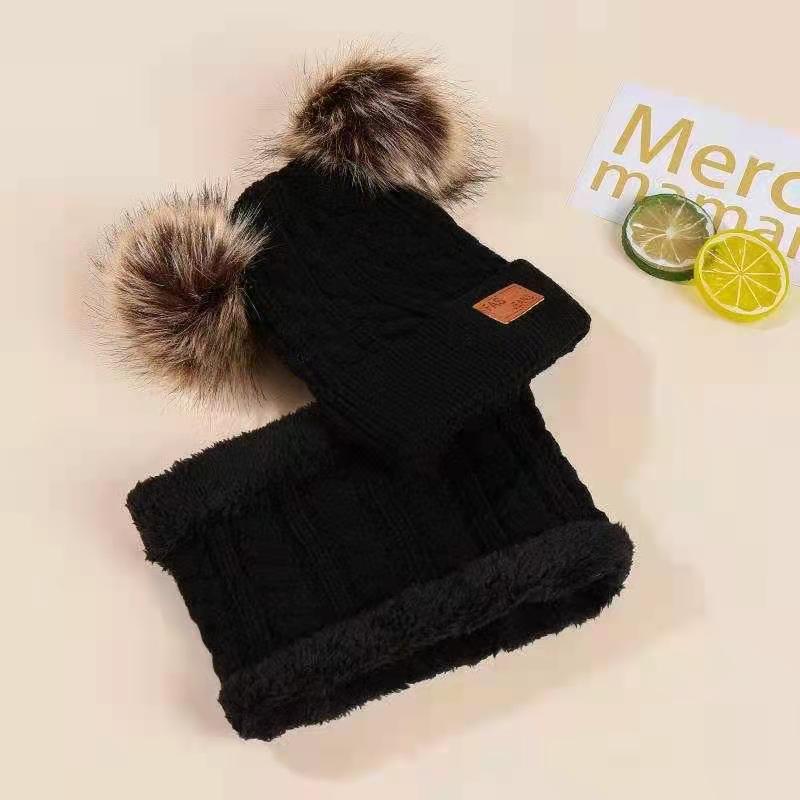 Children's New Double Fur Ball suit Winter Warm Knitted Hat suit Scarf fleece-lined Boys and Girls Thickened Baby