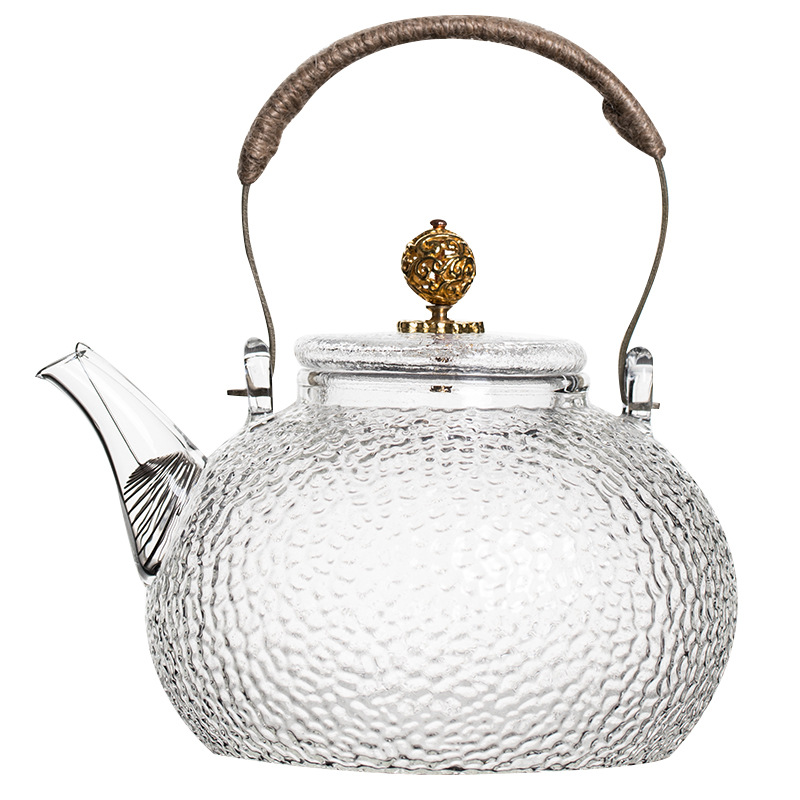 Japanese-Style High-Temperature Resistant Glass Teapot with Hammered Pattern, Electric Ceramic Stove-Specific Kettle, Copper Handle Glass Teapot with Pure Copper Handle