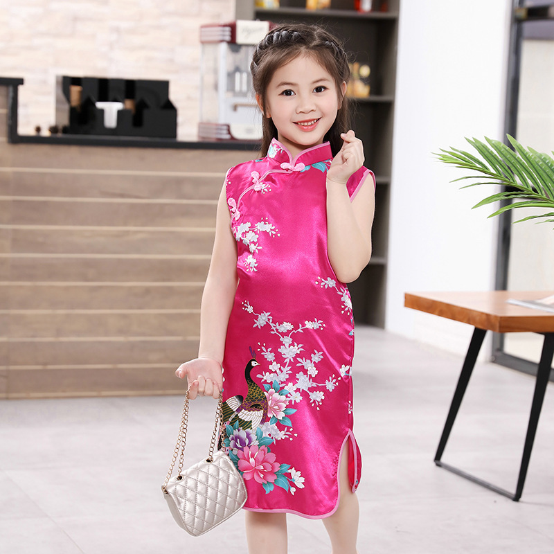 New Girls' Cheongsam Children's Cheongsam June 1 Costclothes Peacock Tang Suit Ancient Chinese Style Summer Children's Printed Cheongsam Fashion
