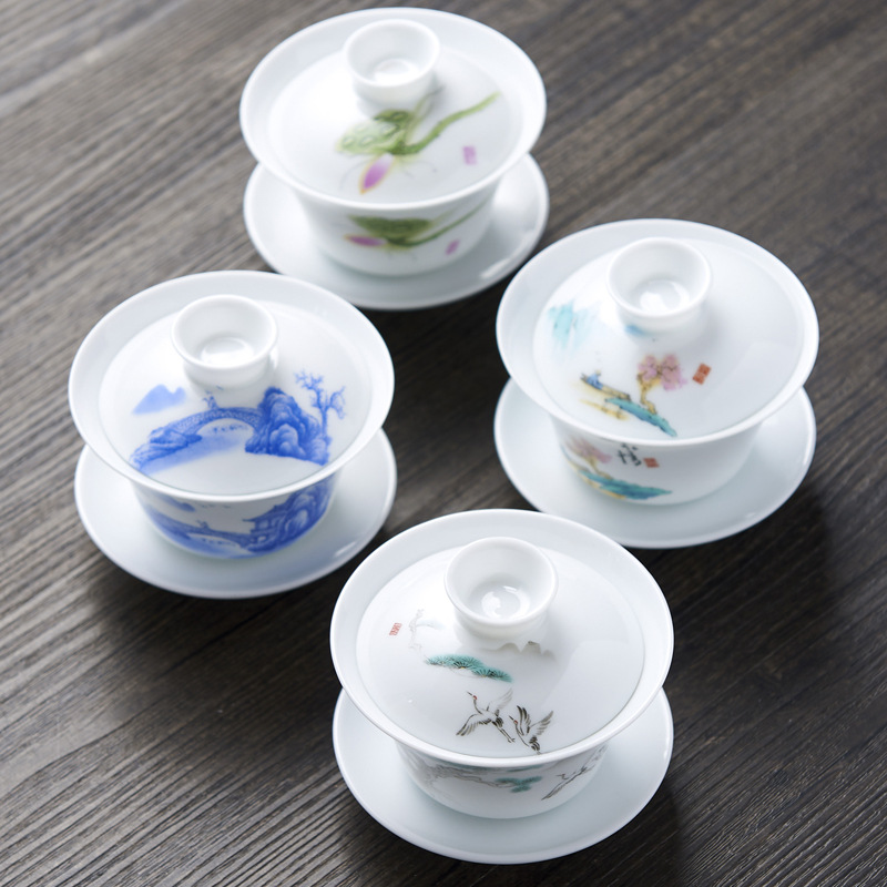 Hand Color White Porcelain Sancai Cover Bowl Tea Set Tea Cup Single Tea Bowl Large Tea Test Household Thin Tailor