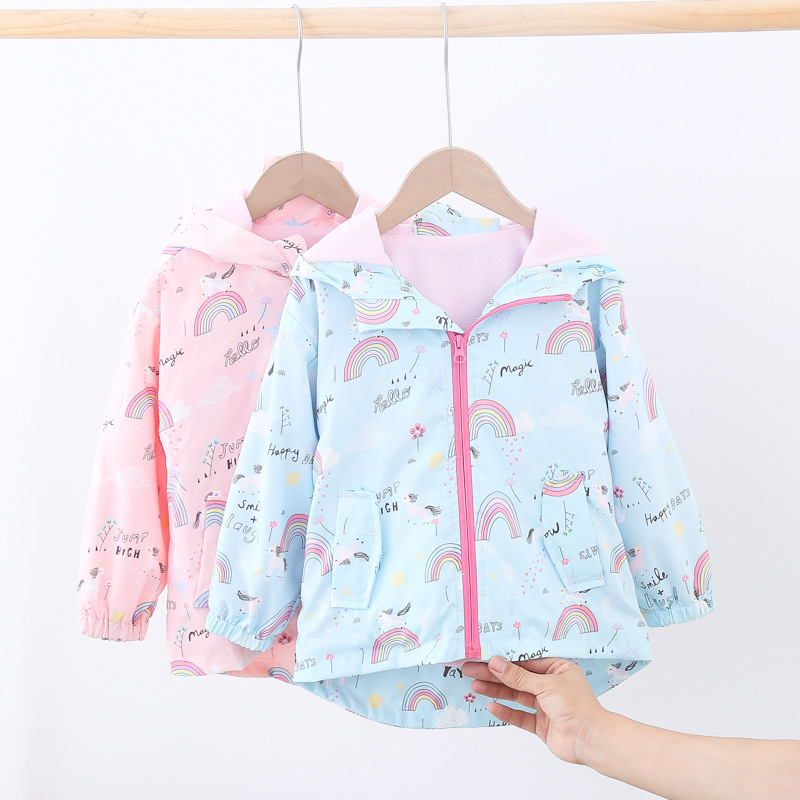 Girls Autumn New Rainbow Rush Jacket Fashion Fleece Hooded Windbreaker Casual Top