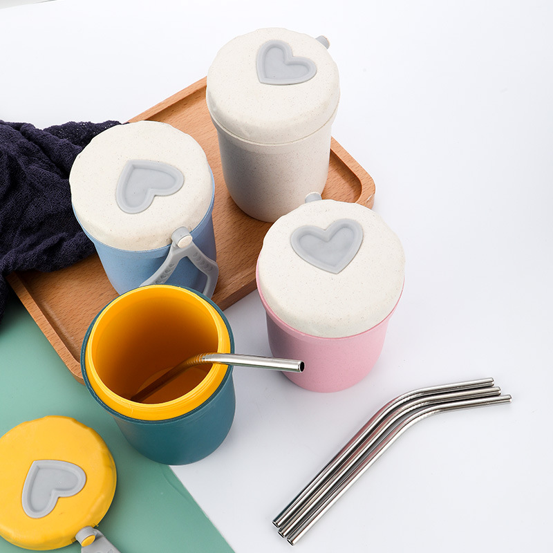 Couple Wheat Breakfast Cup Portable Soup Cup with Spoon with Lid Milk Cup Student Straw Cup Double Layer Heat Insulation Cup