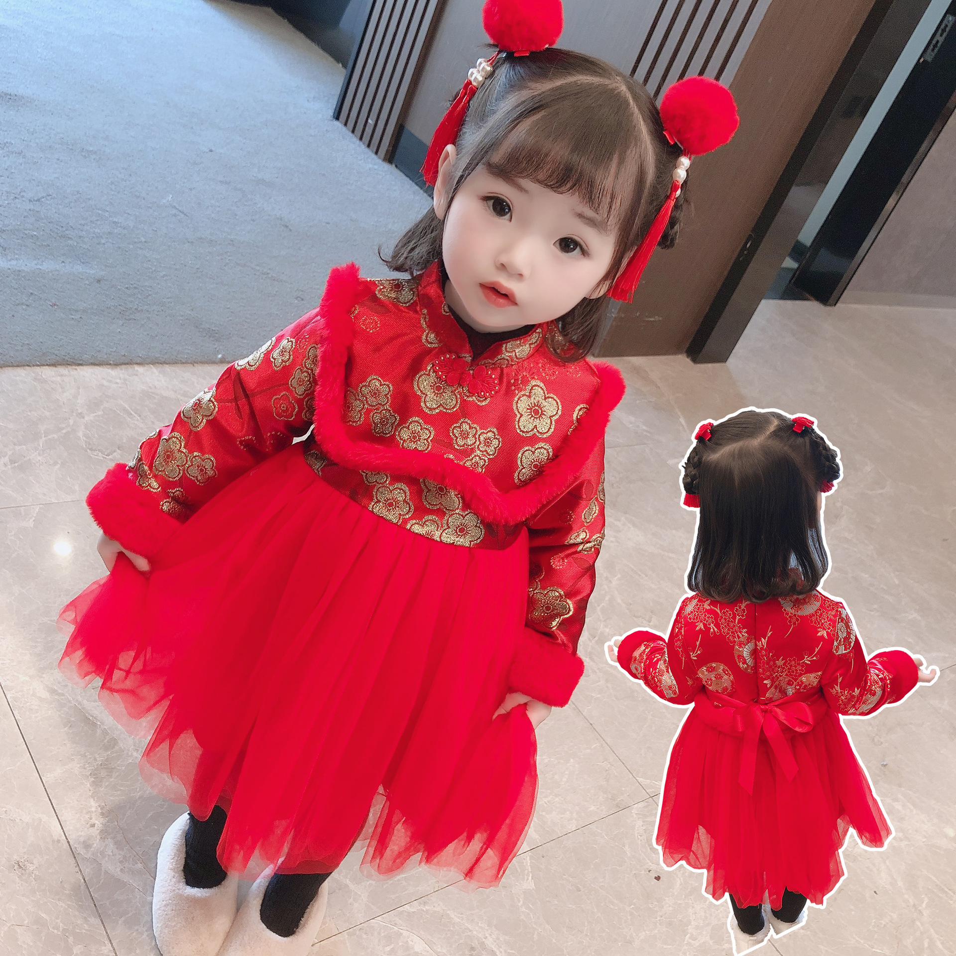2936 Детская одежда, новогодняя одежда для детей, китайский стиль, флисовый чонгсам, платье с вуалью, одежда Хан