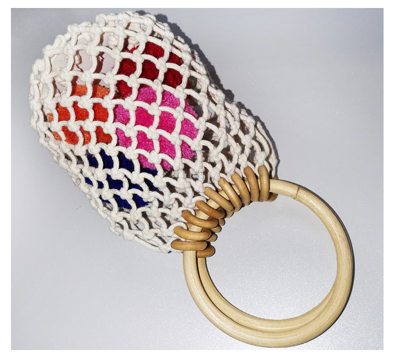 New Cotton Cord Button Bag, Cut Out Rattan Handle Small Mobile Phone Bag