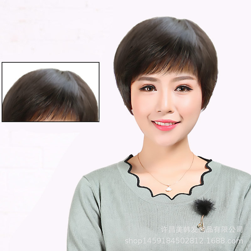Wig Women's Short Hair Short Curly Hair Women's Hairstyle Full Head Cover Real Hair Wig Cover Real Hair for Middle-aged and Elderly to Send to Mom