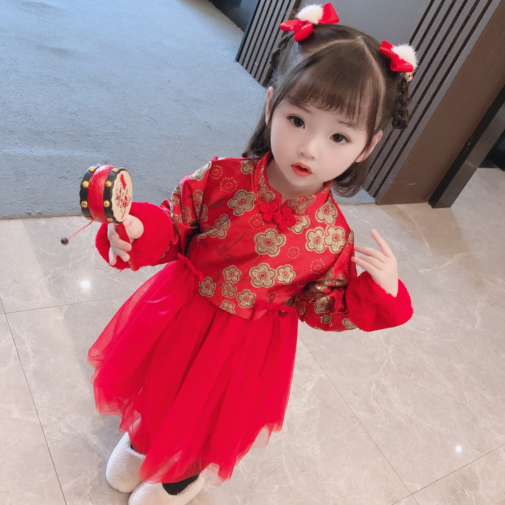 2935 Детская одежда для девочек, китайский стиль, ханфу, детский чонгсам, осень и зима, флисовое платье