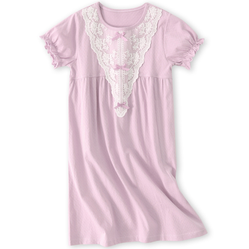 New Spring and Summer Cotton Nightgown Women's Loose Short-sleeved Pajamas Cotton Dress Girl's Home Clothes Parent-child Pajamas Lace