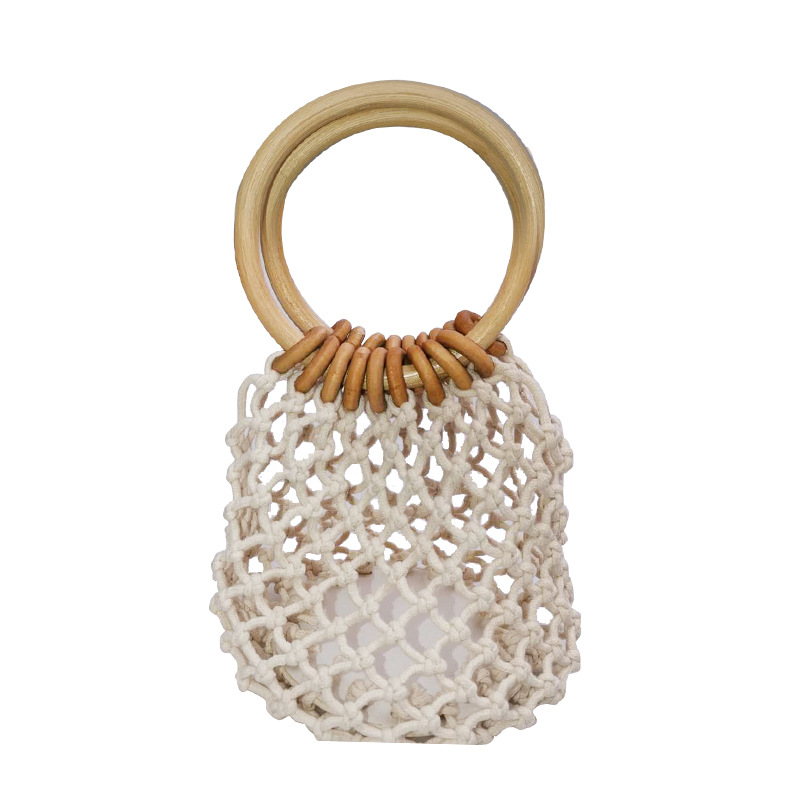 New Cotton Cord Button Bag, Cut Out Rattan Handle Small Mobile Phone Bag