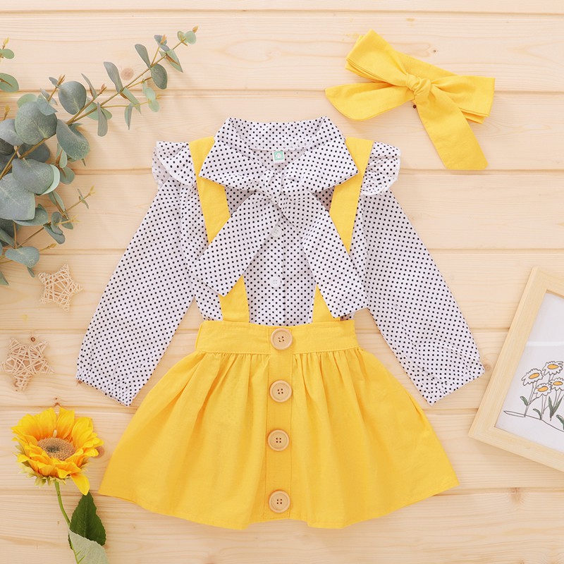 Girls Autumn and Winter 2020 New Korean Style Popular Polka Dot Long Sleeve Printed Top + Solid Color Suspender Skirt Three-piece Set