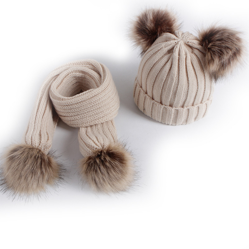 Cross-border supply 2020 Winter new children's hat scarf set imitation raccoon ball double ball baby hat